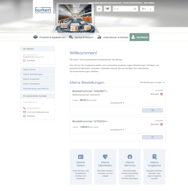 My Bürkert Kundenportal Dashboard