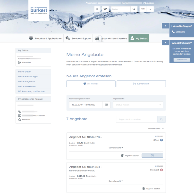 My Bürkert customer portal My Quotes