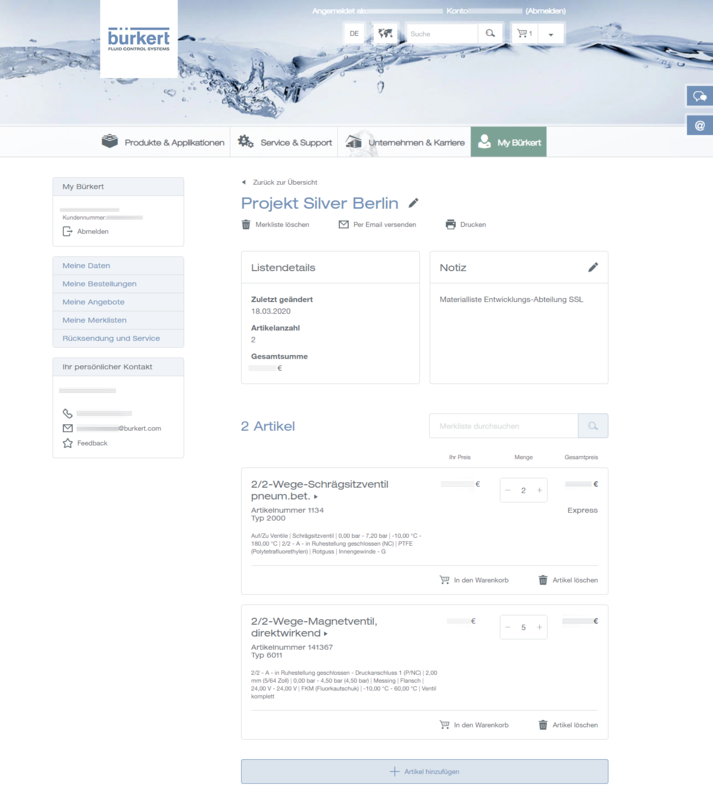 My Bürkert Kundenportal individueller Merkzettel 
