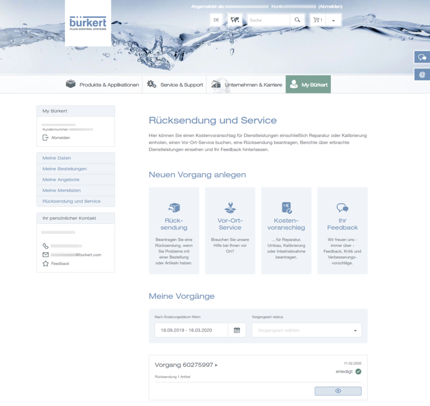 My Bürkert customer portal returns and services