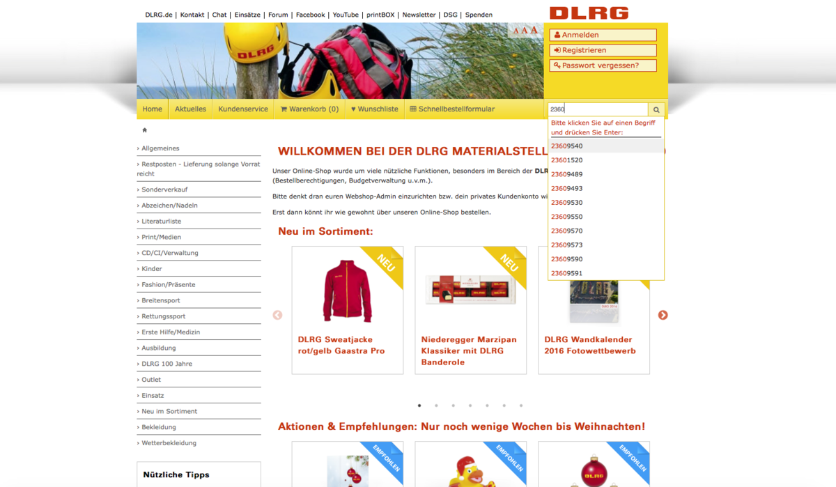 DLRG Onlineshop – Suchfunktion mit Autovervollständigung und Suchvorschlägen