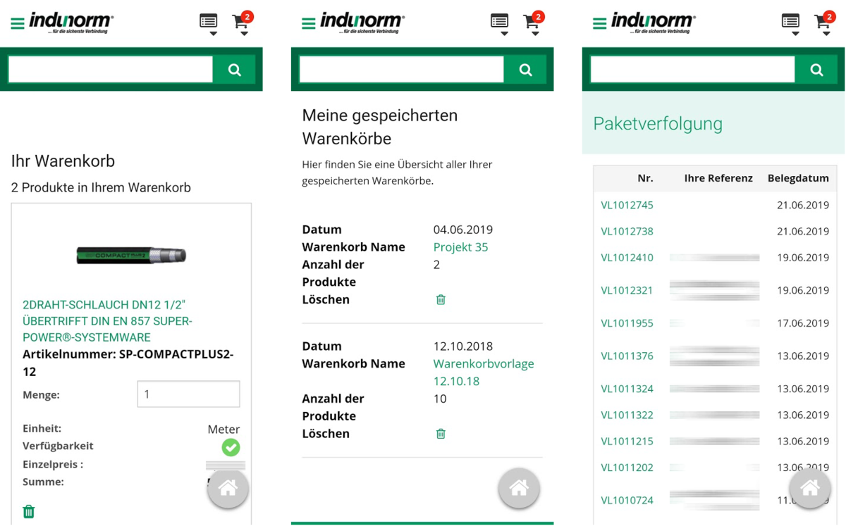 Indunorm PWA Warenkorb, gespeicherte Warenkörbe, Paketverfolgung