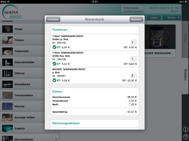 Shera iPad App – Warenkorb  
