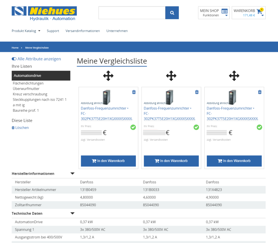 Th. Niehues B2B Shop product comparision